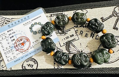 #ad Green Hetian Jade Double Head Smiling Buddha Stretch Bracelet With Certificate