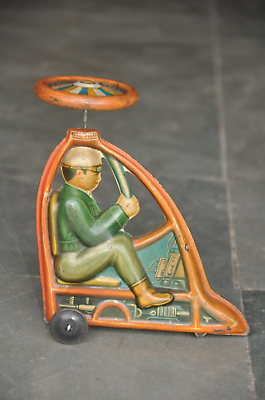 Rare Vintage Wind Up Man Driving Unique Space Tin Toy Germany