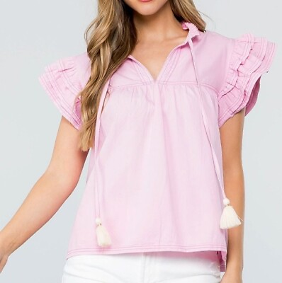 #ad THML Anthropologie Pink Tassel Tie Top Ruffle Short Sleeve Sz M NWT