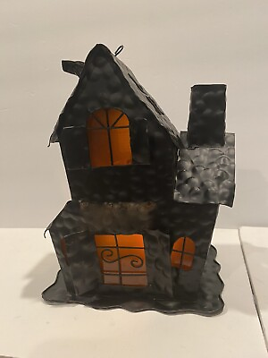 #ad Spooky Black Metal Haunted House Luminary Candle Lantern Orange Windowsüÿ