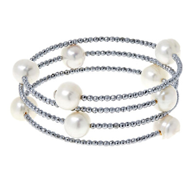925 Sterling Silver Faceted Bead Freshwater Pearl Beaded Wrap Wire Bracelet QVC