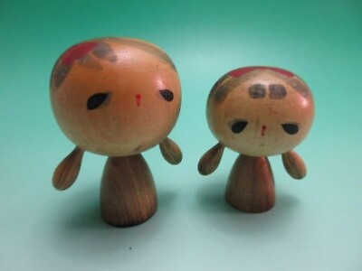 #ad A413 Pigtails Pair Mini Kokeshi Local Toy Period Folk Craft Vintage Antique Era