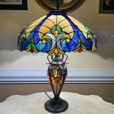 #ad Tiffany Style Table Lamp Ocean Blue Yellow Stained Glass Victorian Theme Lamp
