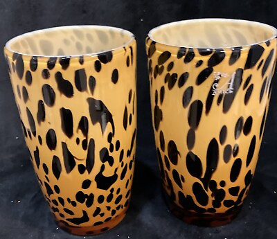 #ad Vtg Tumbler Glasses Global Amici Safari Set 2 Leopard Print Hand Blown Barware