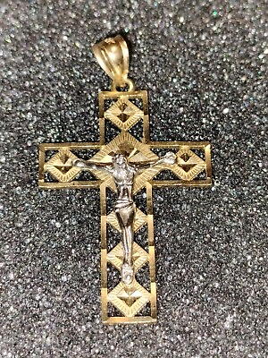 #ad 14K Solid 2 Tone Yellow White Real Gold Religion Diamond Cut Cross Pendant