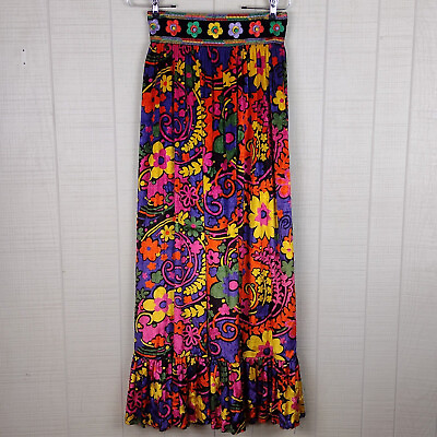 #ad Vintage 70s Mod Floral Print Velour Velvet Maxi Skirt Medium Ruffle Hem Hippie