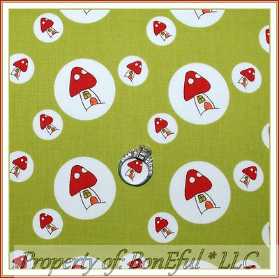 #ad BonEful FABRIC FQ Quilt Green Red White Mushroom Garden Fairy Santoro Polka Dot