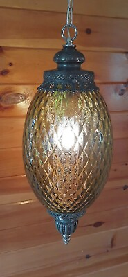 Vintage Antique 1960s 70s Retro MCM Green Diamond Glass Hanging Swag Light Lamp