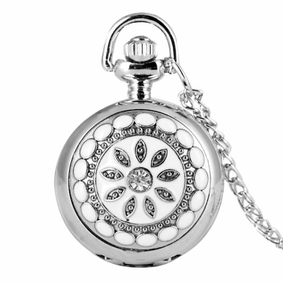 #ad Ceramics Flower Crystal Tiny Quartz Pocket Watch with Chain for Ladies Silver