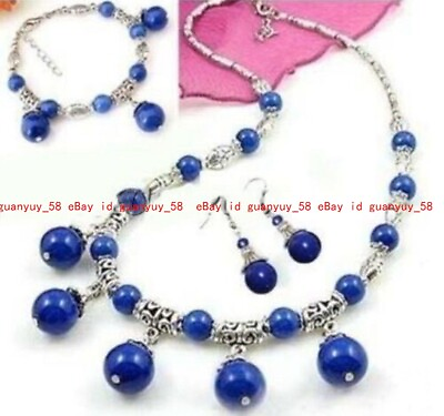 #ad Lovely Tibet Silver Blue Lazuli Lapis Gems Necklace Bracelet Earrings Set AAA