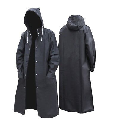 Men Black Waterproof Long Raincoat Rain Coat Hooded Trench Jacket Outdoor Hiking