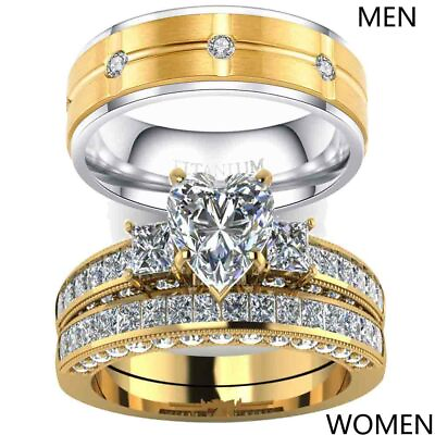 Couple Rings Titanium CZ Mens Ring Band Yellow Gold Filled Women#x27;s Wedding Ring