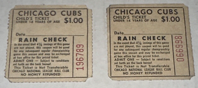 #ad 1970#x27;s MLB Chicago Cubs Baseball Club Childs $1 Ticket Stub Rain Check Lot x 2