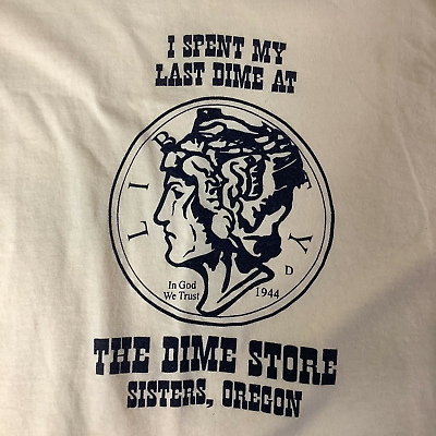 #ad Vintage Dime Store T Shirt Adult L Sisters Oregon Big Coin Graphic Yellow