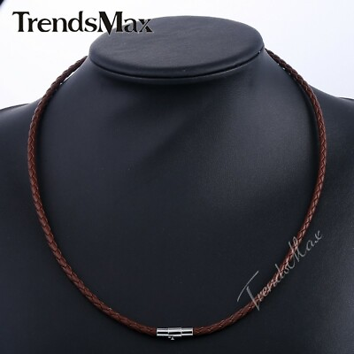 #ad 4mm 16 24quot; Brown Braided Cord Rope Man made Leather Necklace with Magnetic Clasp