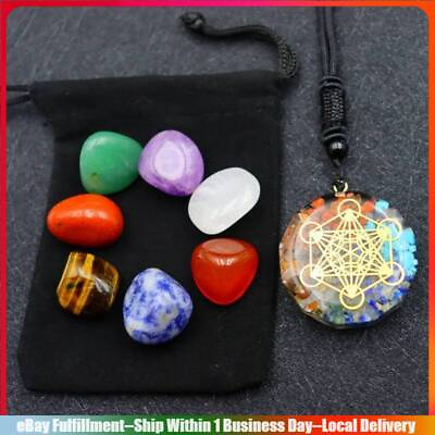 #ad Natural 7 Chakra Healing Crystal Tumbled Stone Set Orgone Energy Pendant Pouch