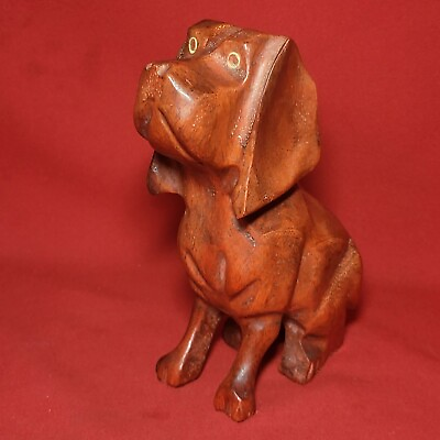 #ad VTG Carved Sitting Dog Wooden Statue Sculpture