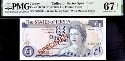 #ad 1978 Jersey 1 Pounds Pick# 13CS1 ND 1978 Specimen PMG 67 EPQ Gem Unc Banknote