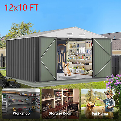 #ad 12x10 FT Metal Outdoor Storage Shed Steel Utility Tool House With Doors and Vent