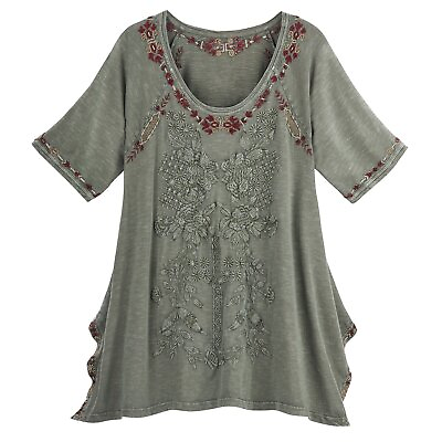 #ad Caite Women#x27;s Floral Embroidered Tunic Sage Green Top 1 2 Length Sleeves