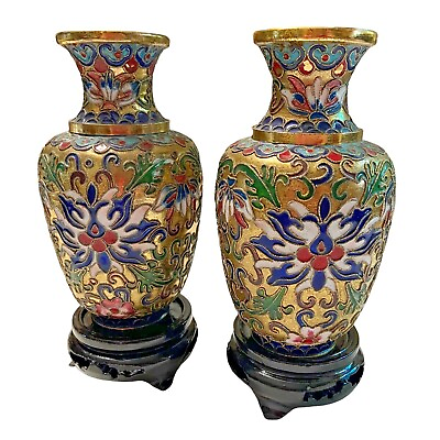 Vintage Twisted Wire CLOISONNE Pair Floral Enamel Vases Wooden Stands 6quot; Signed