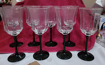 Set Of 8 Arcoroc Luminarc France Black Stem Octime Wine Goblets 8 1 4” 10 Oz