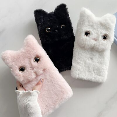 For LG Nokia Phone Case Plush Fluffy Cute Cat Winter Nap Stand Protective Cover
