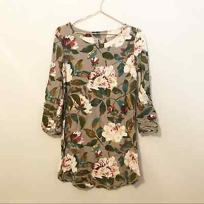 #ad Floral taupe roll tab sleeve dress size small