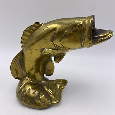 Brass Fish Figurine Heavy 5.5quot; Tall Fishing Vtg Gold Tone Fishing Flaw