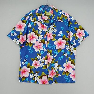 #ad #ad Vintage 60s Ui Maikai Hawaiian Shirt Mens Large Blue Pink Hibiscus Floral