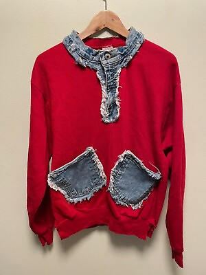 #ad Vintage Jerzees Womens Sweatshirt Medium Red Denim Trim Upcycled Grunge 90s