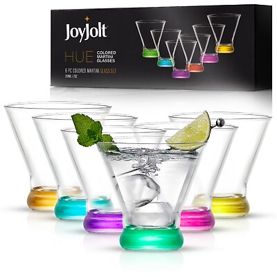 JoyJolt Colored Party Stemless Martini Glasses Set of 6 7 oz Cocktail Glasses