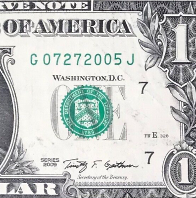 #ad July 27 2005 : G 07272005 J BIRTHDAY $1 One Dollar Bill Fancy Serial Number