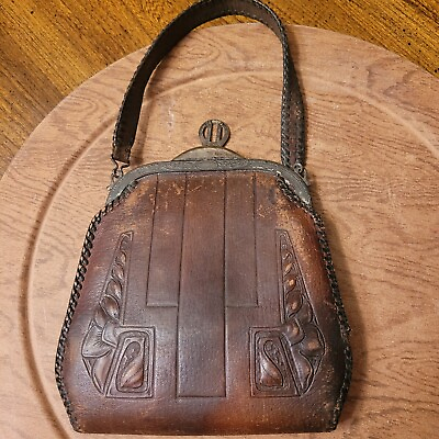 Antique Art Nouveau Deco Tooled Brown Leather Purse 1920’s