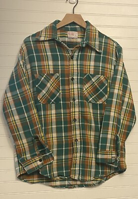 #ad Vintage Big Mac JC Penney Plaid Shirt 70s Flannel USA Size L Orange And Green