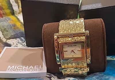 #ad MICHAEL KORS Womens Square Runway Gold Tone MK Logo Face Embossed Leather MK2133
