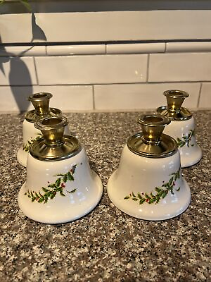 Set Of 4 Vintage Teleflora Christmas Holly Brass amp; Ceramic Taper Candle Holders