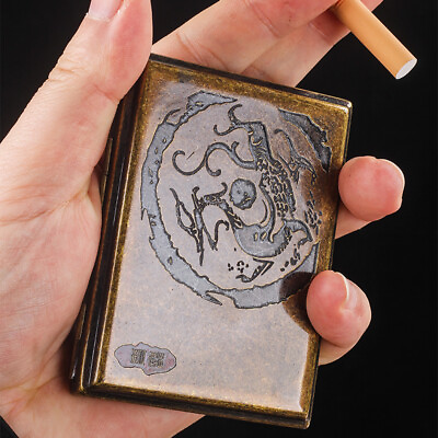 #ad Vintage Brass Carved Dragon Cigarette Case Moisture proof Portable Double Sided