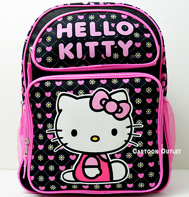 #ad Sanrio Hello Kitty School Backpack 16quot; Black Canvas Pink GIRLS Large Bag New