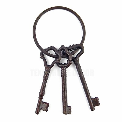 Cast Iron Jailer#x27;s Church Skeleton Keys on Ring Victorian Antique Style Set of 3