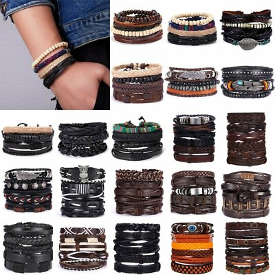 6Pcs Set Multilayer Leather Bracelet Men#x27;s Women Wristband Bangle Jewelry Set