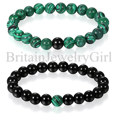 #ad 2pcs Green Black Bead Stone Mala Tibetan Handmade Stretch Couple Wrist Bracelet