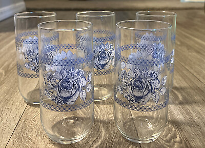 #ad Luminarc Blue Flower 16 oz Drinking Glass Tumblers Set of 5 Retro Rose MCM Decor