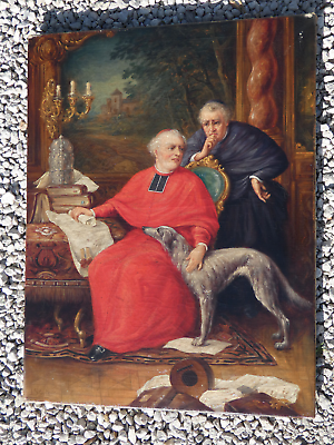 Antique Top Belgian Bishop cardinal dog religious oil canvas painting rare
