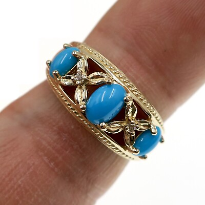 #ad 14k Solid Yellow Gold 3 Stone Turquoise Cabochon Ring Size 6