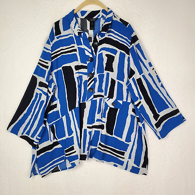 #ad Ali Miles Plus Size Abstract Block Graphic Tunic Top 2X Blue Black Wire Collar
