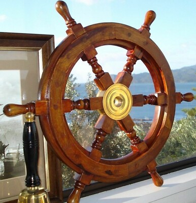 #ad Nautical Wooden Ship Steering Wheel Pirate Decor Wood Brass Fishing Wall Boat