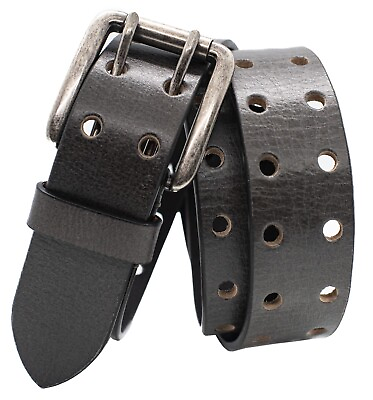 #ad Vintage Full Grain Buffalo Black Leather Double Prong 2 Hole Belt Made in USA
