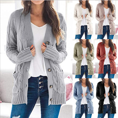 Plus Size Womens Ladies Chunky Cable Knit Cardigan Button Long Sleeves Grandad