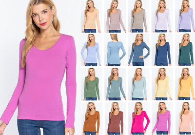 Women#x27;s Basic T Shirt Scoop Neck Cotton Long Sleeve Solid Knit Plain Top Fitted